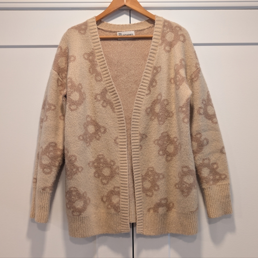 NO BOUNDARIES Beige Tan Teddy Bear Novelty Printed Cardigan Sweater Size Medium - Picture 3 of 6